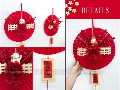 Vòng treo cửa Tết Quạt nhung đỏ nơ tre ĐK30cm VTC-T-43